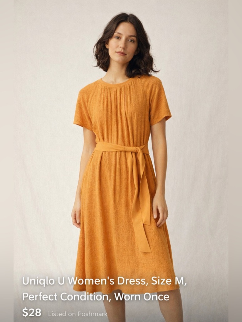 Uniqlo Women's Short-Sleeve Belted Midi Dress in Mustard Yellow 💛